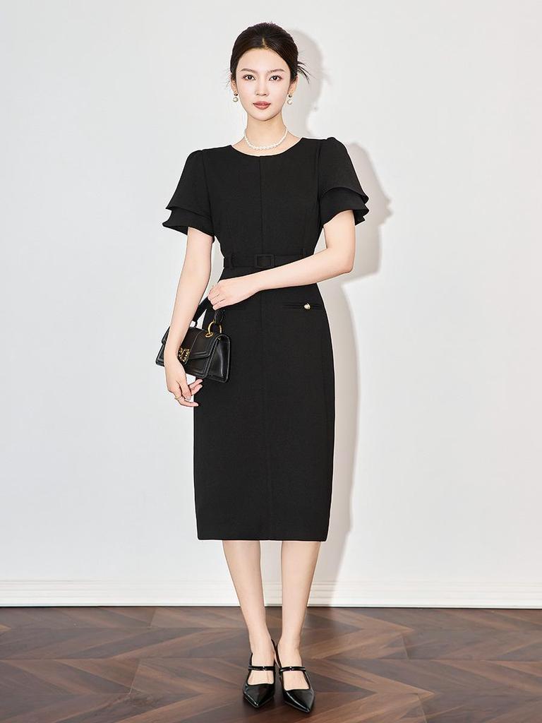 French-Inspired Waist-Cinching Ruffle Sleeve Dress