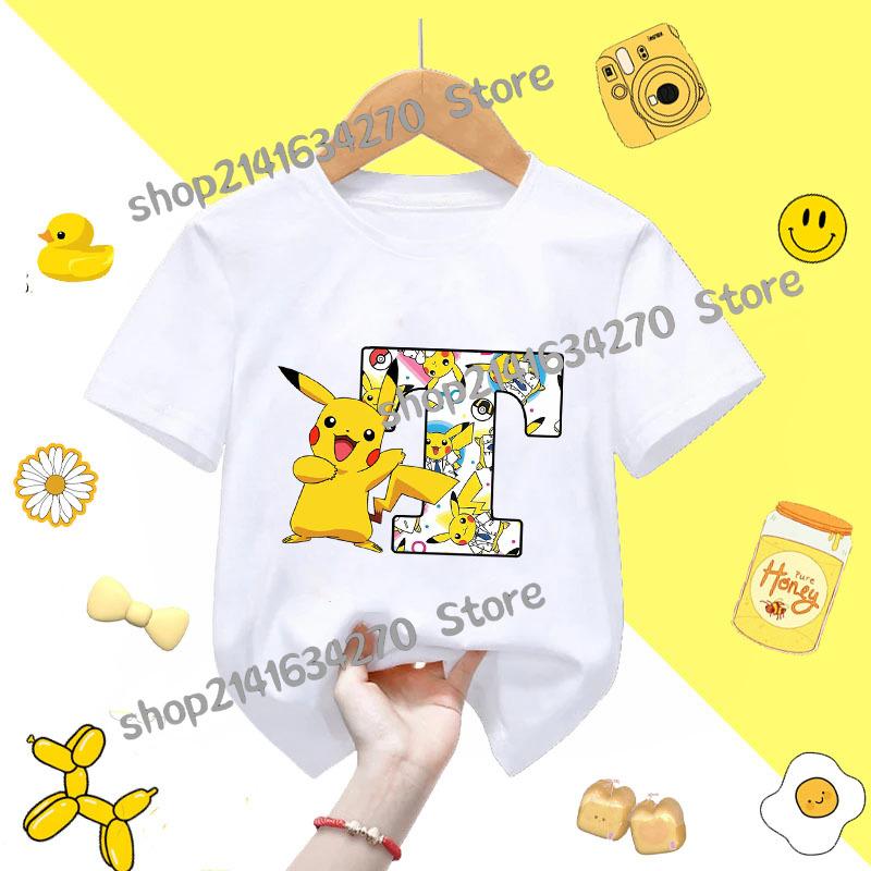 Short Sleeve Summer Tshirt Tops Cotton Tee for Pokemon Pikachu Anime AZ letters Printed Cute Clothing Children Casual Clothes