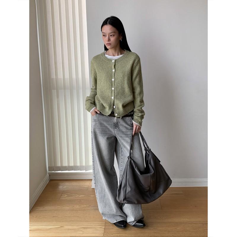 Womens Korean Style Round Neck Long Sleeve Knit Cardigan Single Breasted Button Front Casual Sweater Top