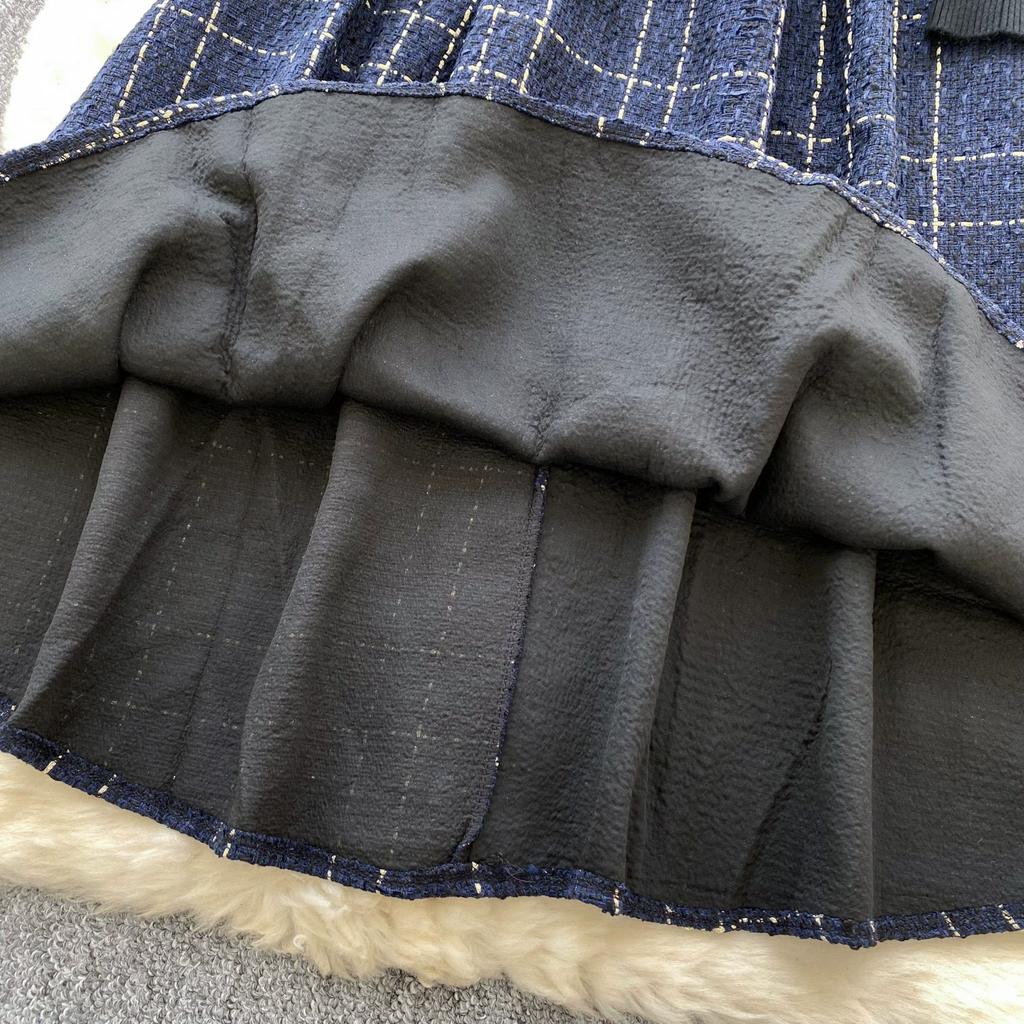 Осенне-зимний женский комплект свитер-платье, повседневный вязаный пуловер, топы + клетчатое твидовое платье, наряды из 2 предметов, женский с поясом