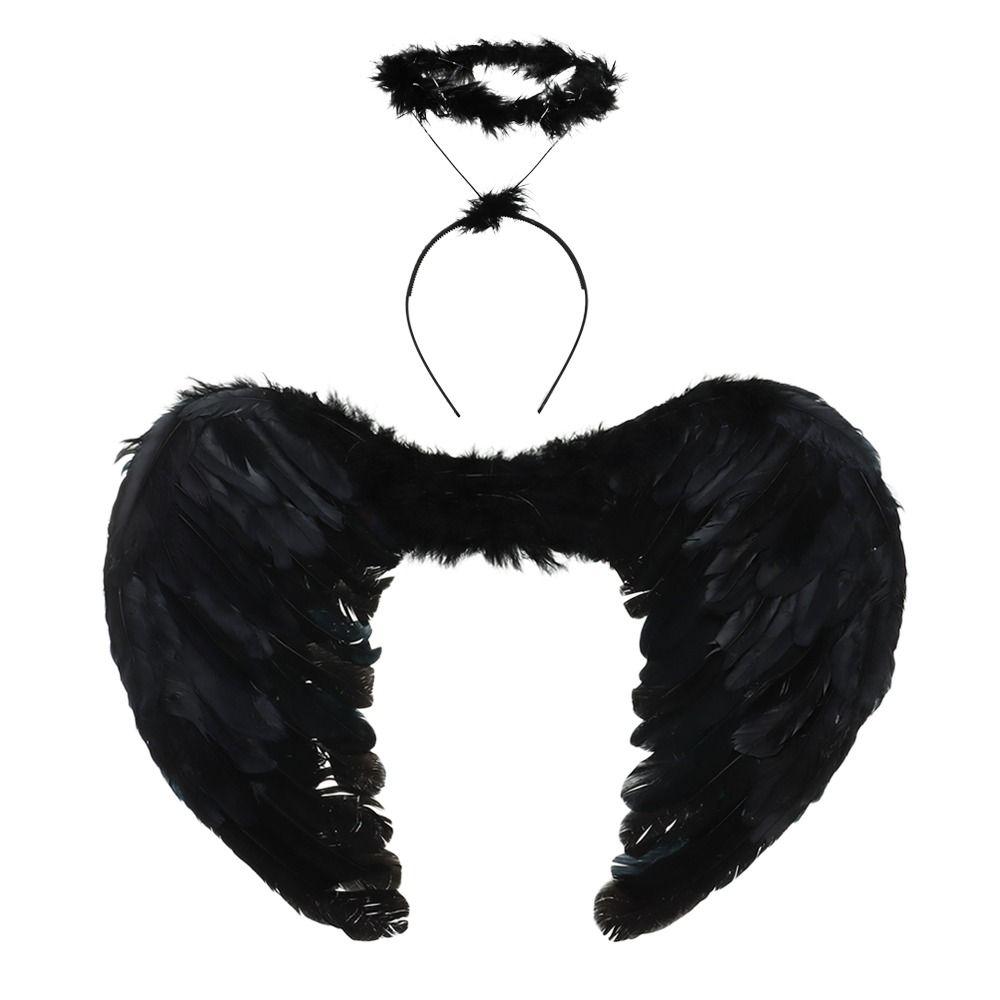 Black White Red Pink Angel Wings & Halo Feather Fancy Dress Props Party Supplies Fairy Adults&Kids