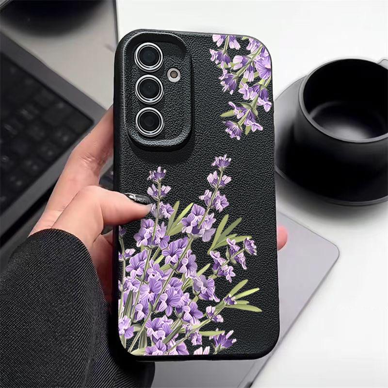 Матовый противоударный чехол с фиолетовым цветочным принтом для Samsung S25 Ultra S24 FE S23 S22 A56 A36 A55 A16 A26 A35, тонкий чехол для телефона из мягкого материала с текстурой из кожи TPU
