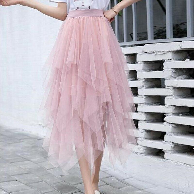 Женская мода Асимметричная высокая талия с оборками Сетчатая пачка из тюля Длинная юбка-миди Черный, белый, розовый