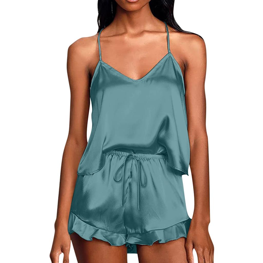 Пижама для женщин комплект из атласа 2 предмета шелковый топ и шорты повседневная мода с оборками мягкая одежда для сна
