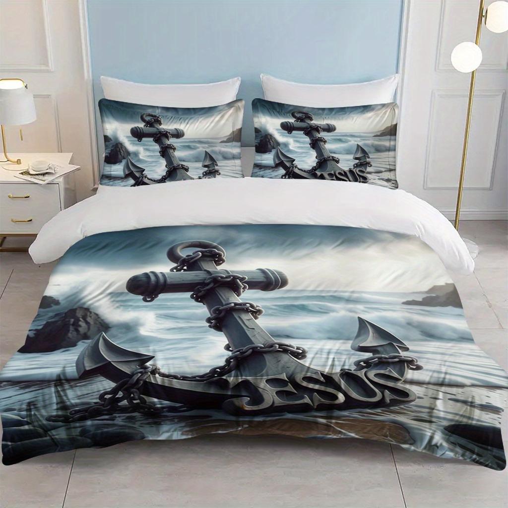 3 шт. Креативный узор с якорем Иисуса, Постельное белье, Цифровой комплект одеяла, Износостойкий полиэстер, Включает 1 комплект пододеяльника