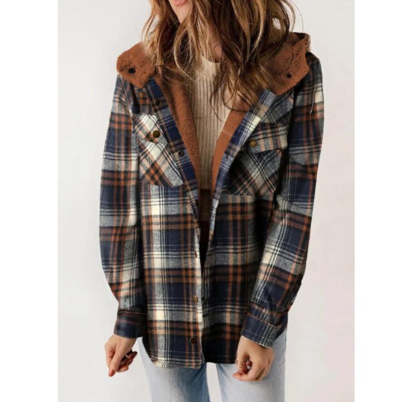 Women's Plaid Fashion Fleece Coats Winter Warm Hooded Fleece Jackets Casual Outwear Large Size Loose Comfortable Coat