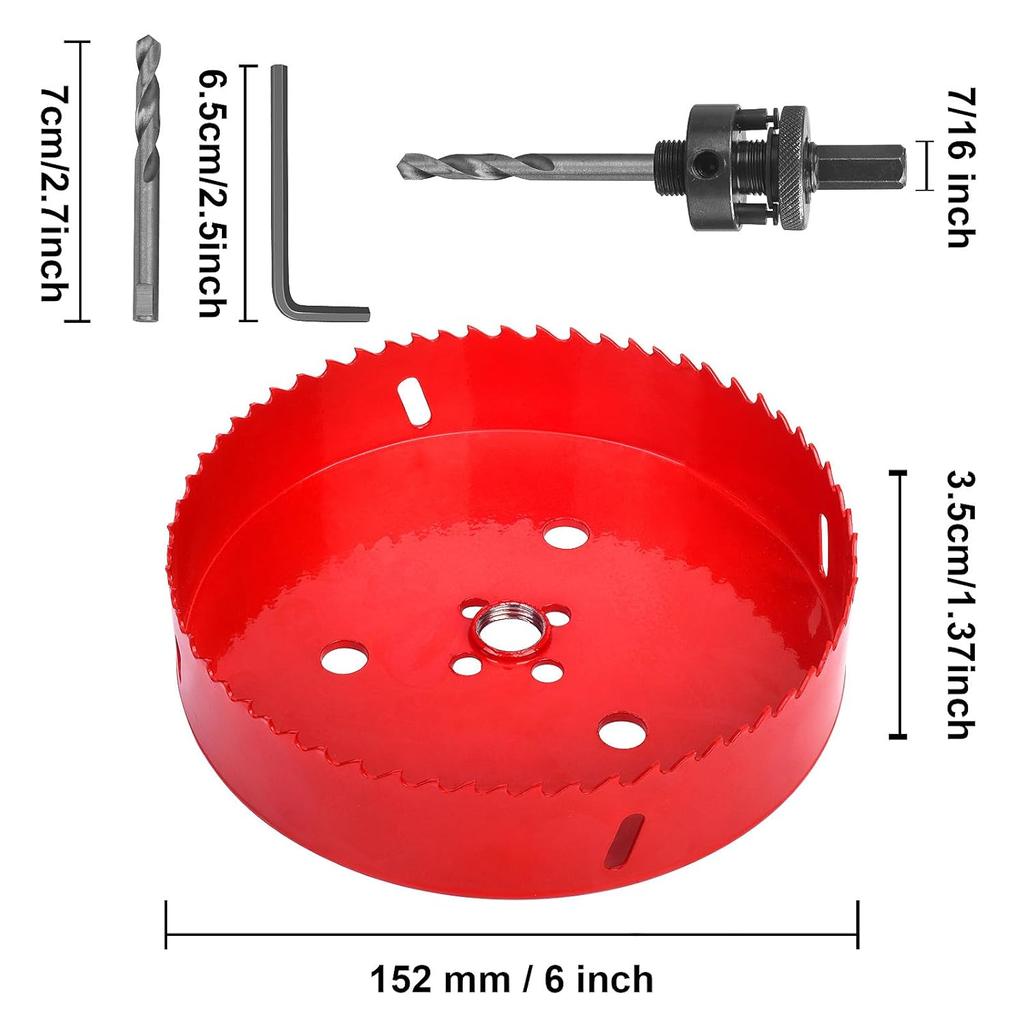 6 Inch Hole Saw - 152mmHSS Bi-Metal Hole Saw - Heavy Duty Hole Cutter for Metal/Wood with Smooth Flat Edge, Fast Chip Removal, Ideal for Cornhole