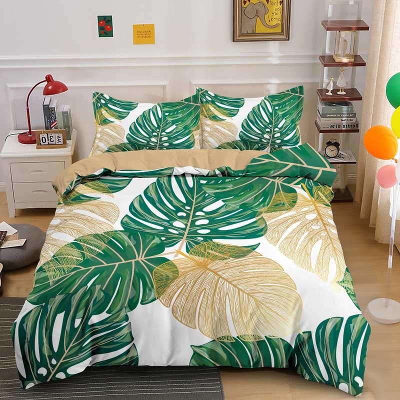 3D Printed Duvet Cover Set with Pillowcases Tropical Rainforest Bedding Set Green Tropical Plants Leaves Printed Bedding Set