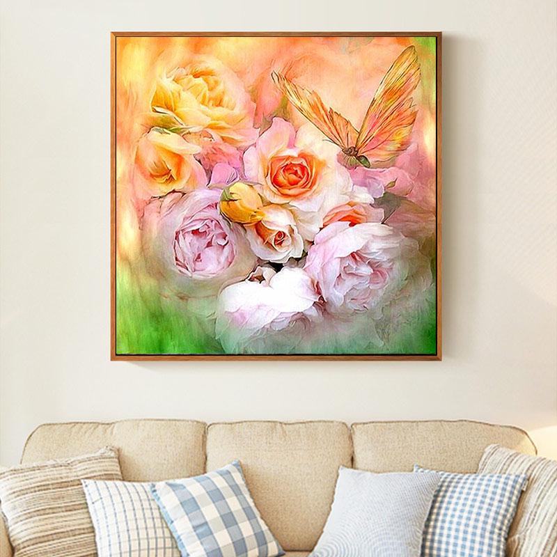 Diamond Embroidery Pink Roses & Butterfly Pattern Diamond Painting Picture Rhinestones Cross Stitch
