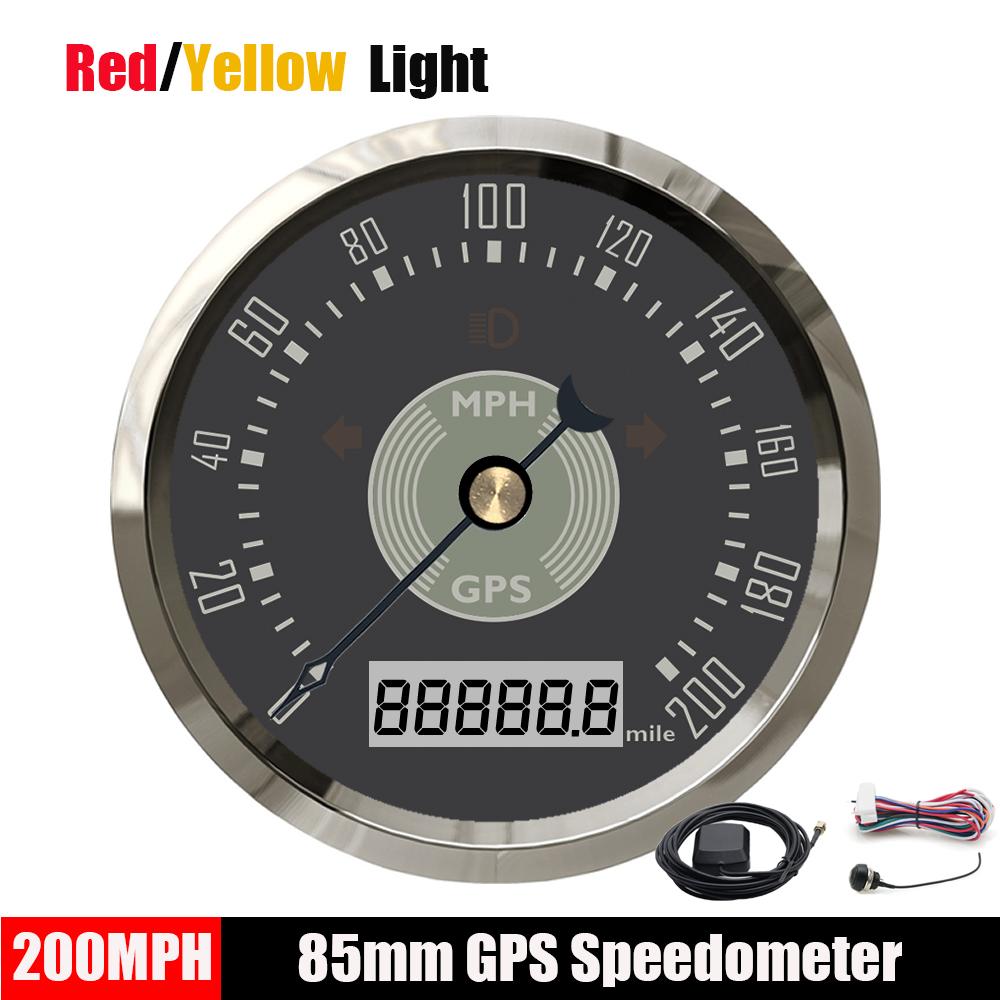 85mm Classical GPS Speedometer 160~220 Km/h 160~220MPH Odometer Adjustable with Red Yellow Light for Car Motorcycle Boat Custom