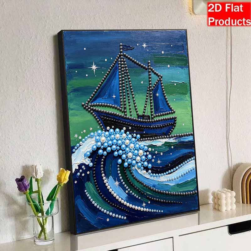 DIY Картина бисером на холсте Парусник Океанские волны Ночное небо Безрамная 3D-арт из бусин Расслабляющее рукоделие Декор для дома Подарок