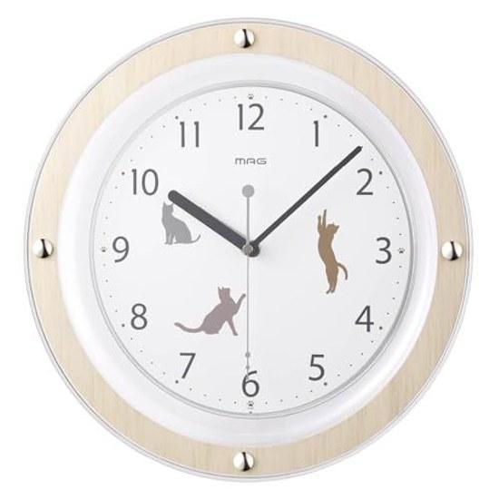 MAG Wall Clock Analog Silent Continuous Second Hand Cat Animal Pet Cute Stylish Childrens Room Living 31.5cm x Natural W827ANZ Noah Seimitsu
