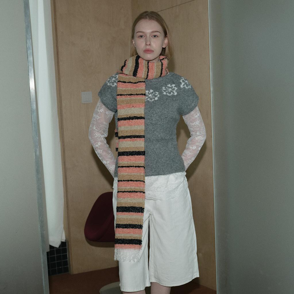 Circle Striped Wool Blended Loose Beard Scarf for Women Winter Color Blocked Woolen Small Scarf Korean Version