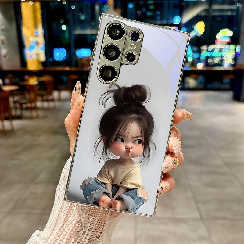 Cute Cartoon Girl Electroplated Silver Phone Case For Samsung Note 10 20 A06 A07 A12 A13 A14 A15 A16 A17 A22 A23 A25 Glass Cover