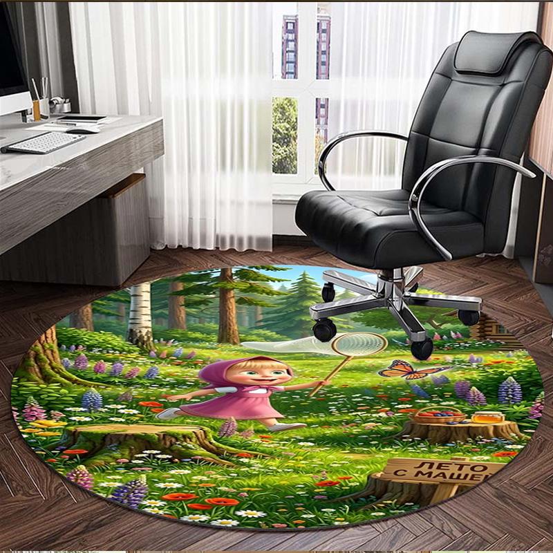 Masha and The Bear Print Round Rug, Washable Floor Carpet, For Entryway Dorm Laundry Room Office Study, Home Decor Birthday Christmas Gift