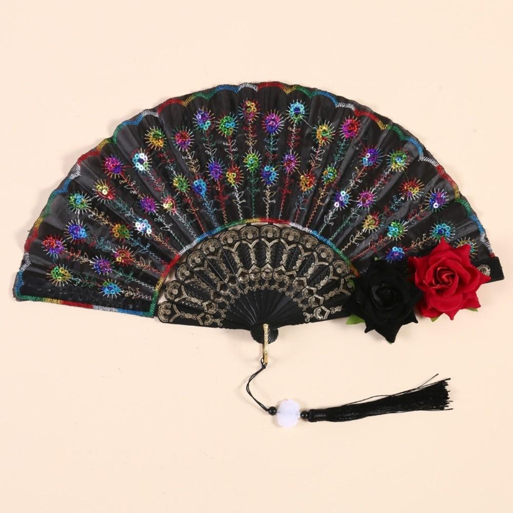 Sequin Decorated Spanish Handheld Fan Embroidered Flamenco Dance Fan New Gothic Dance Fan