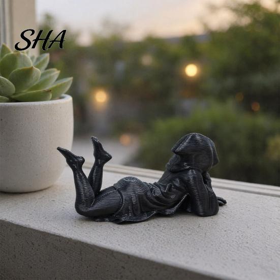 Literary Art Gift Hooded Laying Lady Reaper Figurine, 3D Printed Gothic Dark Fantasy Sculpture, Artistic Modeling Statue Black Robed Women Collectible