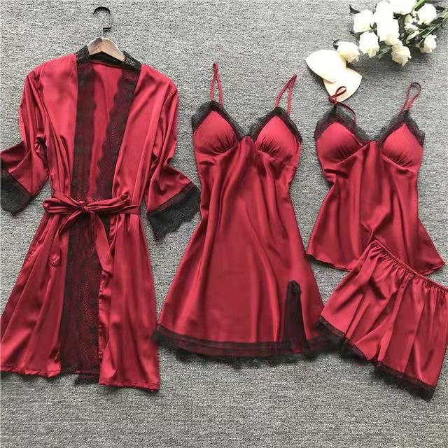Women Cami Shorts Nightgowns Pyamas Set of Satin Fabric Breathable Pajamas Set with Robes 5 PCS Pajamas Set Sleepwear Lounge Wear Nightgowns