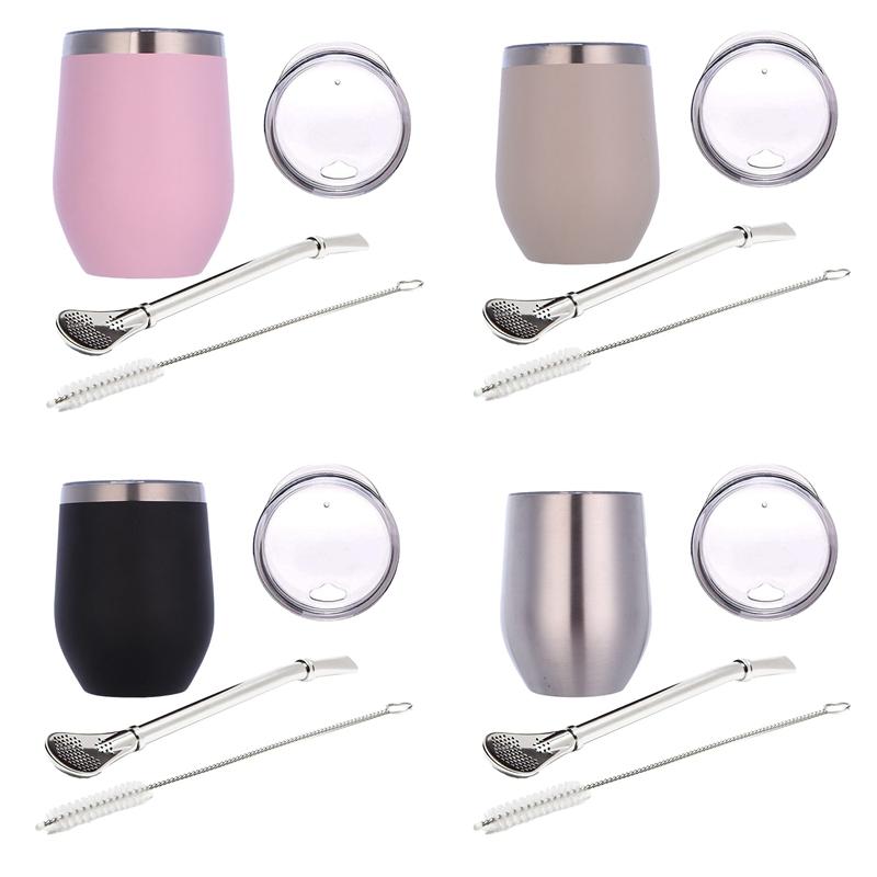 Double-Wall Stainless Yerba Gourd Mate Tea Set Coffee Cups Water Cup with Lid Spoon Straw Bombilla Head Filter Brush