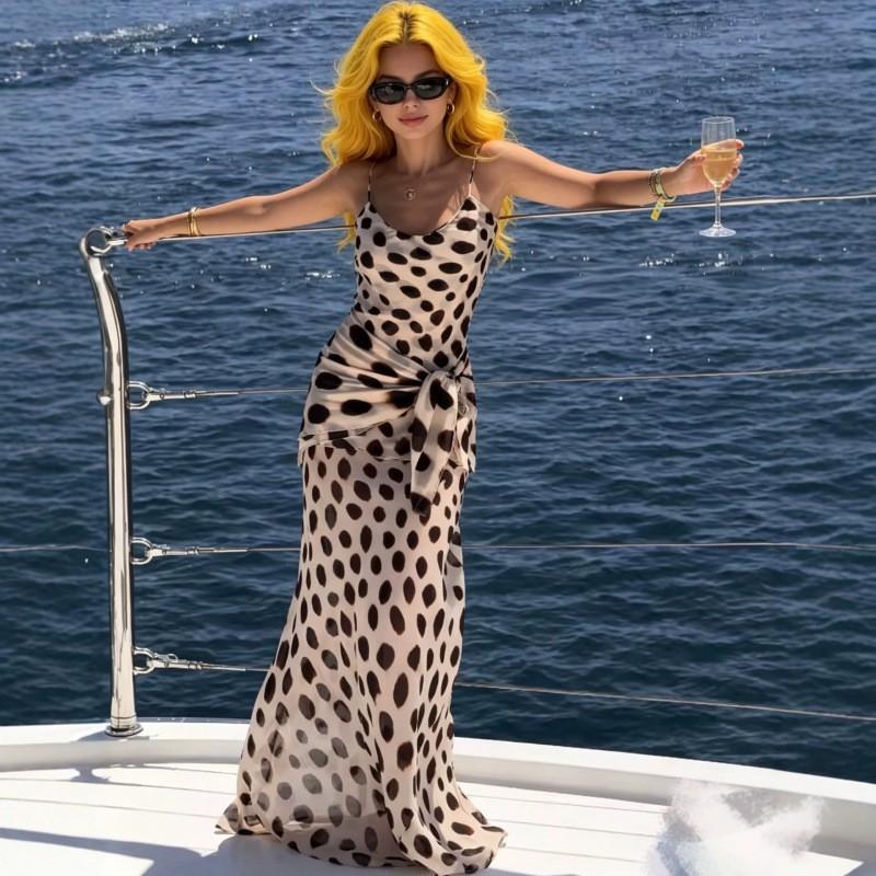 Womens Polka Dot Print Slip Dress Slim Fit Long Length Vacation Style