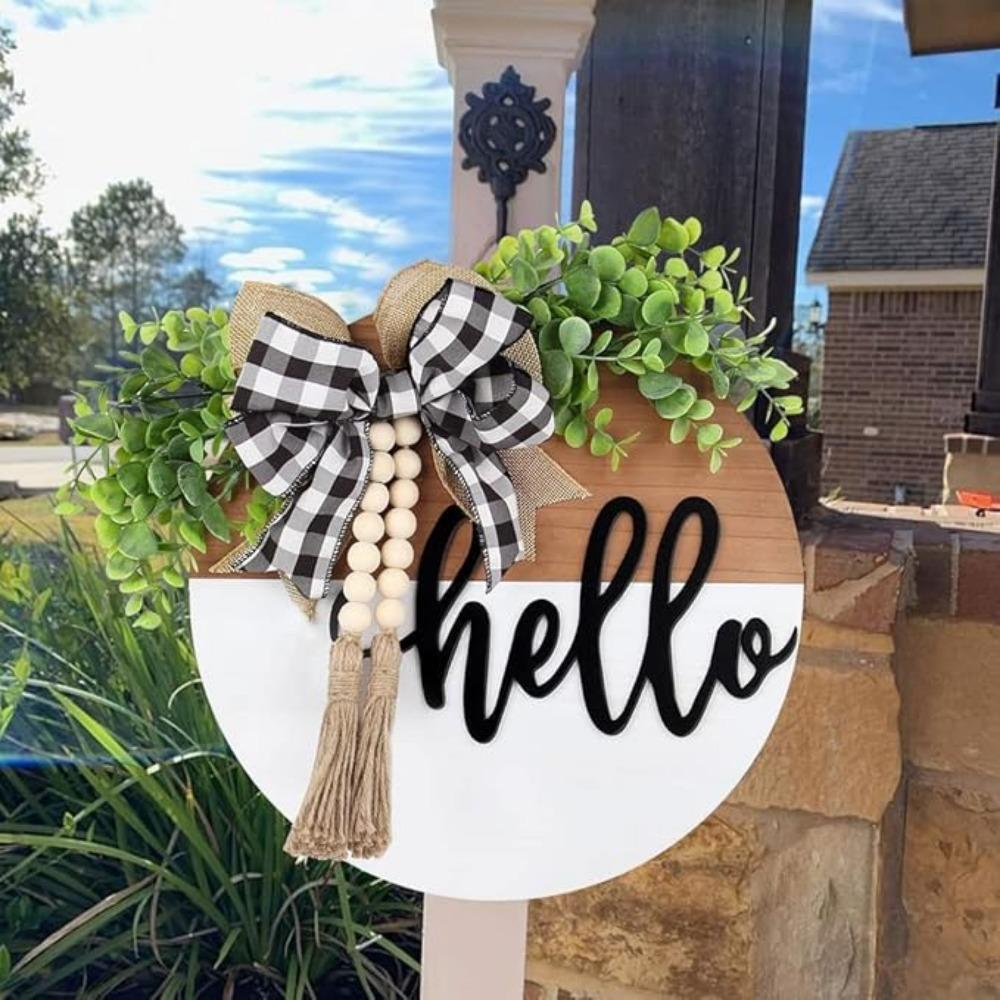 Hello Door Wreath for Front Door Spring Wreath 30cm Farmhouse Door Sign Decoration for Window Decoration Outdoor Front Door Home Decor