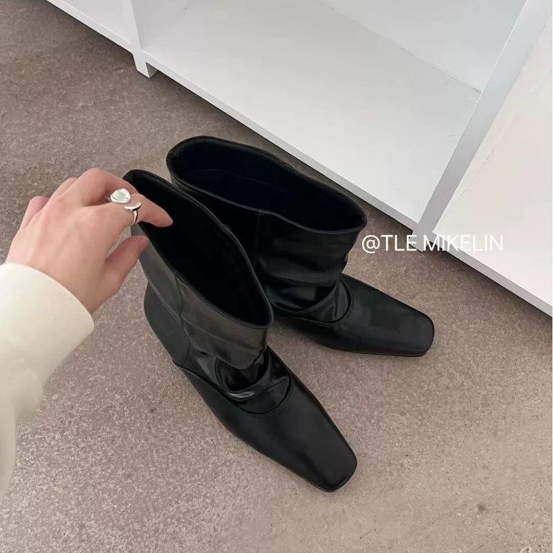 Autumn and winter fashionable slack pleated stacking boots simple square head inner height increase sleeve medium tube short boots