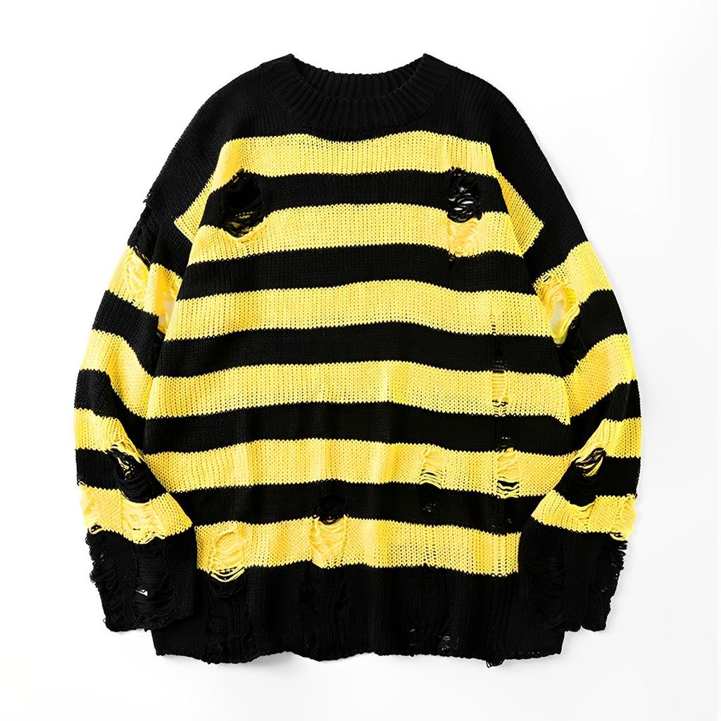 Женский пуловер с длинным рукавом и круглым вырезом средней длины, рваный полосатый вязаный свитер