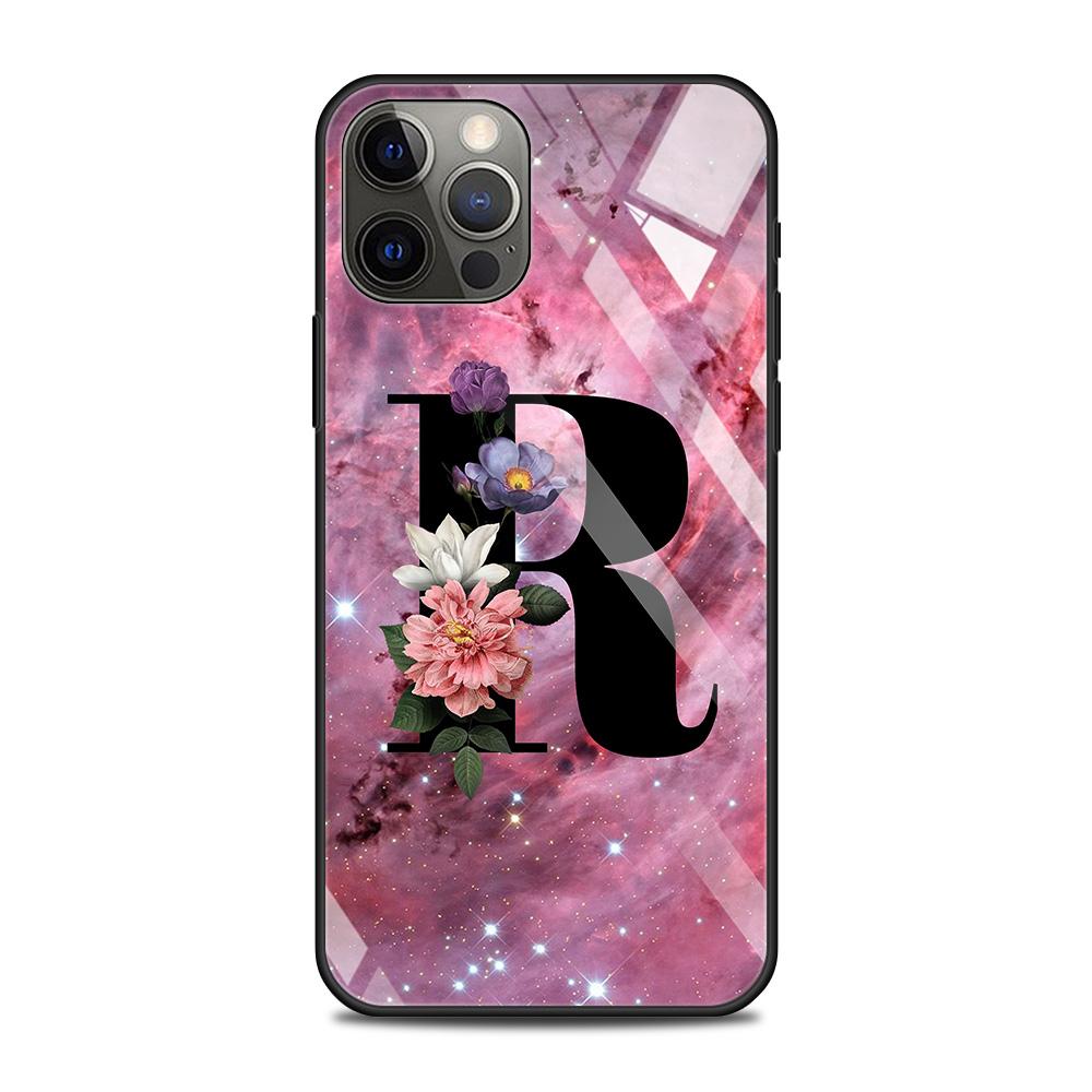 Чехол из закаленного стекла для iPhone 14 12 11 Pro Max 13 12 Mini X XR XS Max 8 7 6s Plus силиконовый чехол с надписью AB цветы розовый