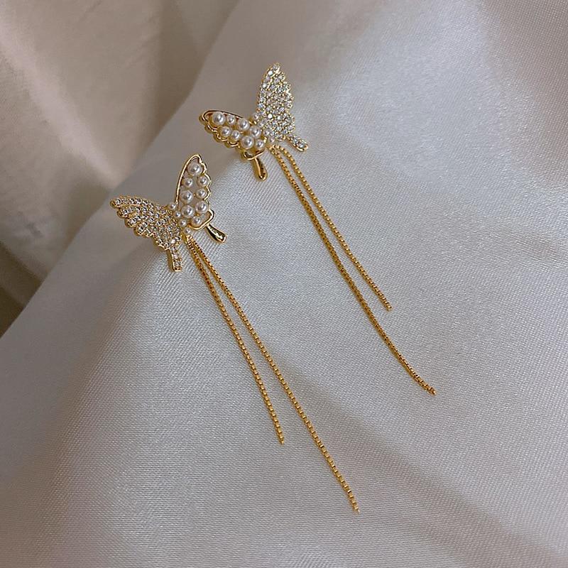 Новые серьги-бабочки с имитацией жемчуга и длинной кисточкой, темпераментная сетка, красные серьги, женские серьги в стиле морского праздника Brinco