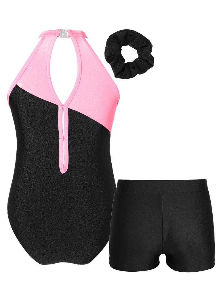 Детский трико без рукавов для девочек, танцевальная гимнастика, тренировочная танцевальная одежда, гимнастическое боди с повязкой на голову и шортами