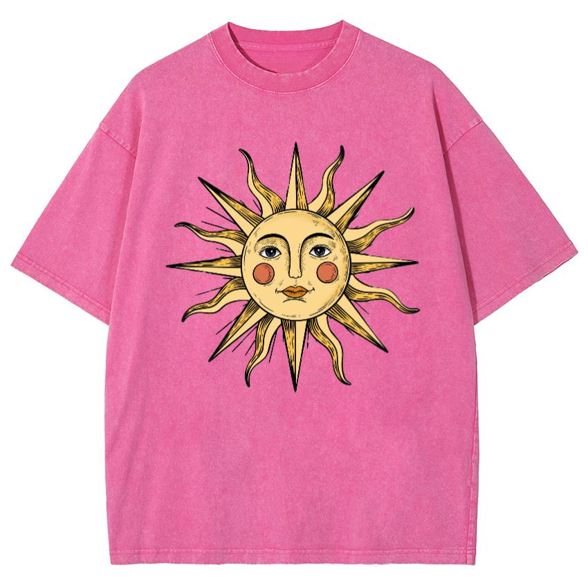 Футболка женская с принтом лица солнца, стираный хлопок, дышащая, высокого качества, с коротким рукавом, свободная, мужская, с коротким рукавом, состаренная