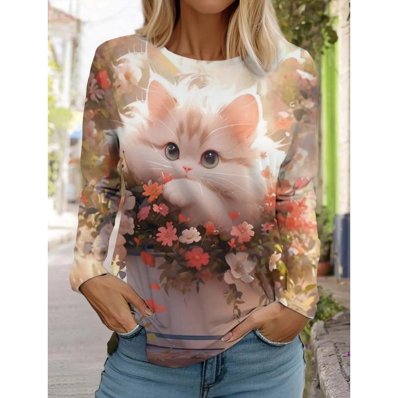 Women's Cute Cat Long Sleeves T-Shirt Round Neck Long Sleeved Autumn Animal Clothing Holiday Gift Clothing Fashion Party T-Shirt
