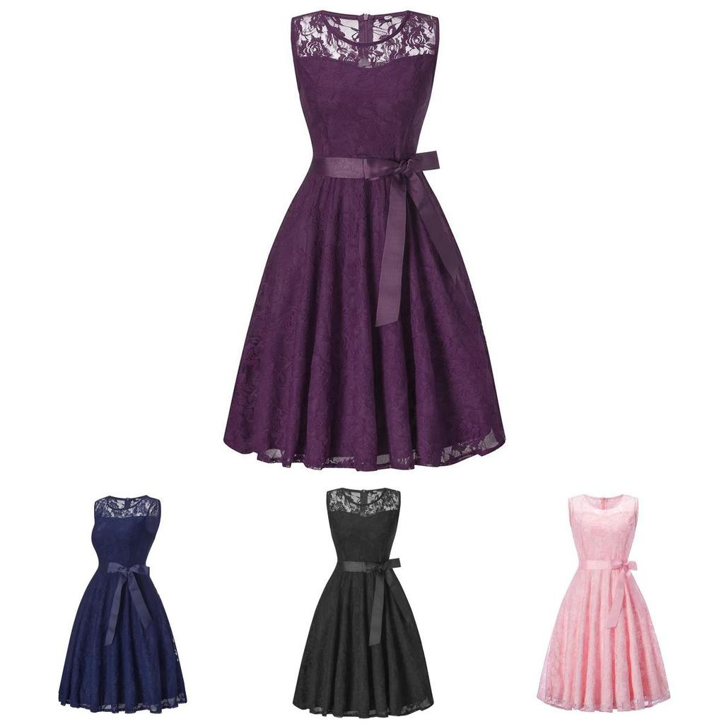 Элегантное платье в стиле ретро с круглым вырезом без рукавов, кружевной отделкой, широким поясом и приталенной расклешенной юбкой