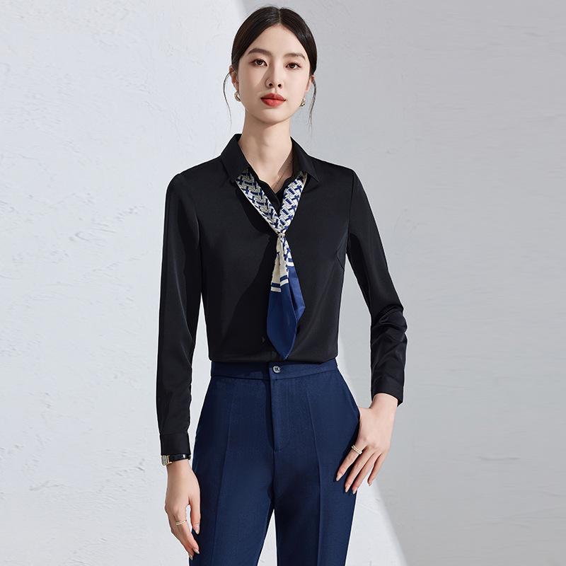 Women's Black Professional Shirt with Hidden Placket - Spring/Autumn Style
