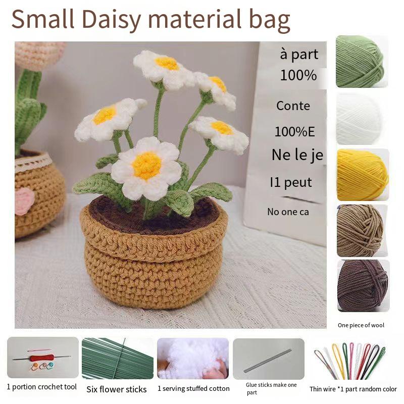 Крючковатый цветок Готовый продукт Тканый тюльпан Маргаритка Цветок в горшке Букет Пряжа Вязание крючком Материал Сумка Украшение Цветок