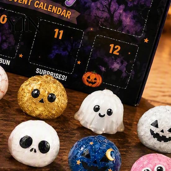 Desktop Stress Toys Halloween Advent Calendar, 12 Day Countdown with Soft Bun Squeeze TPR Sensory Toys, Includes Ghost Pumpkin Fidget for Relief