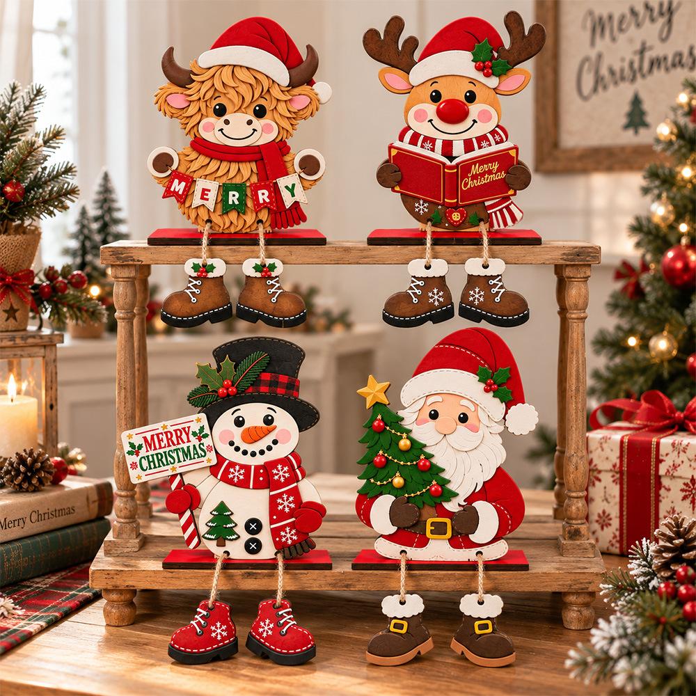 Painted Wooden Santa with Legs Figure, Freestanding Christmas Table Ornament, Printed Wood Holiday Decor for Desk Shelf