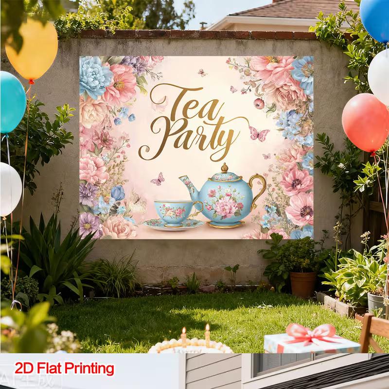 2D Tea Party Backdrop with Floral Teapot & Butterflies Photography Background