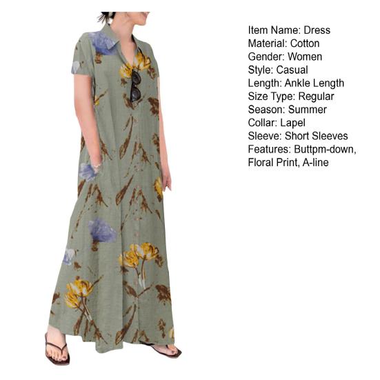 Женское летнее платье трапециевидной формы с лацканами, свободная рубашка с цветочным принтом, с короткими рукавами на пуговицах и боковыми карманами, длинное платье до щиколотки