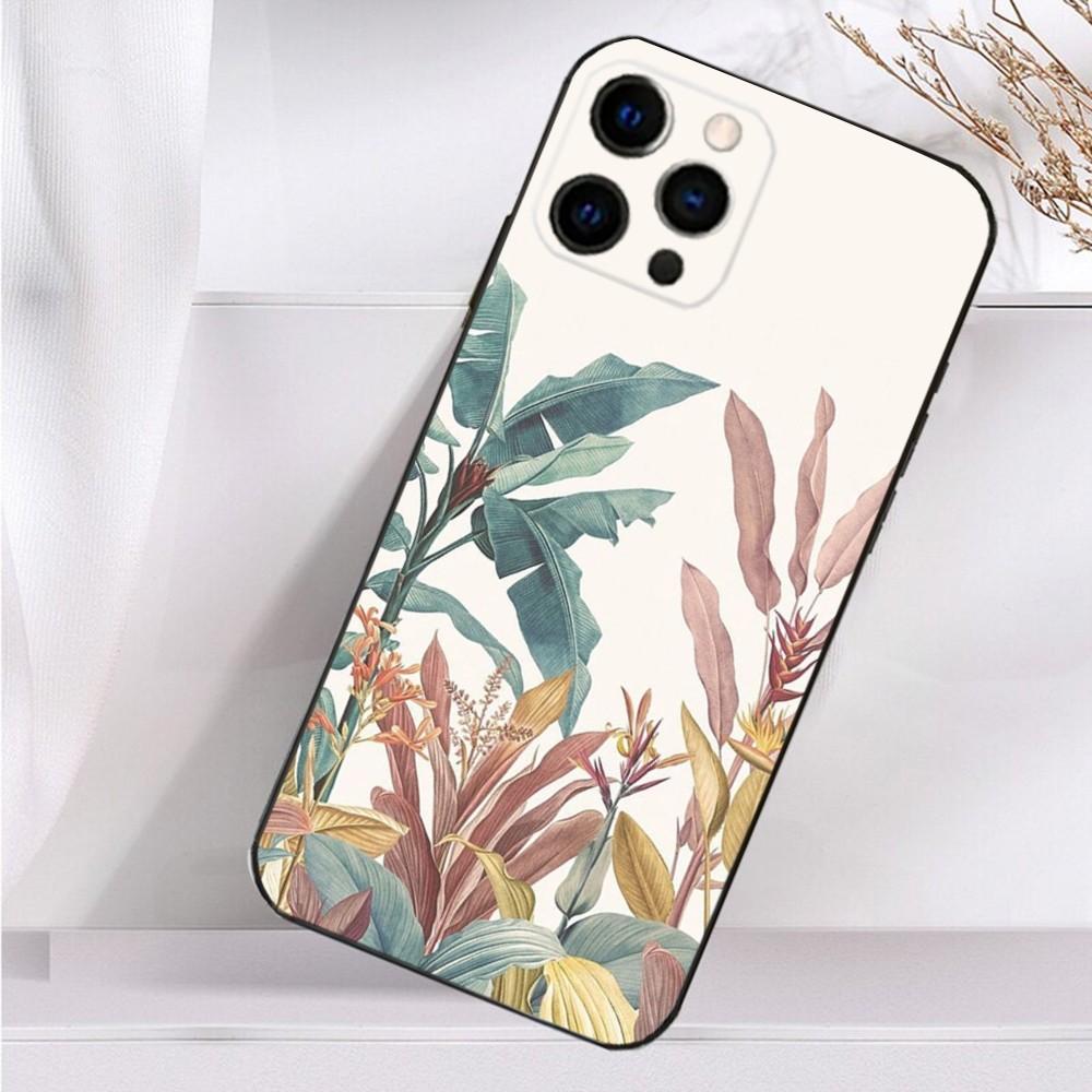 Художественный чехол для телефона с ботаническим рисунком для iPhone 16,15,14,13,12,11 Plus,Pro Max,XS,X,XR,SE,Mini,8,7 Мягкий силиконовый черный чехол