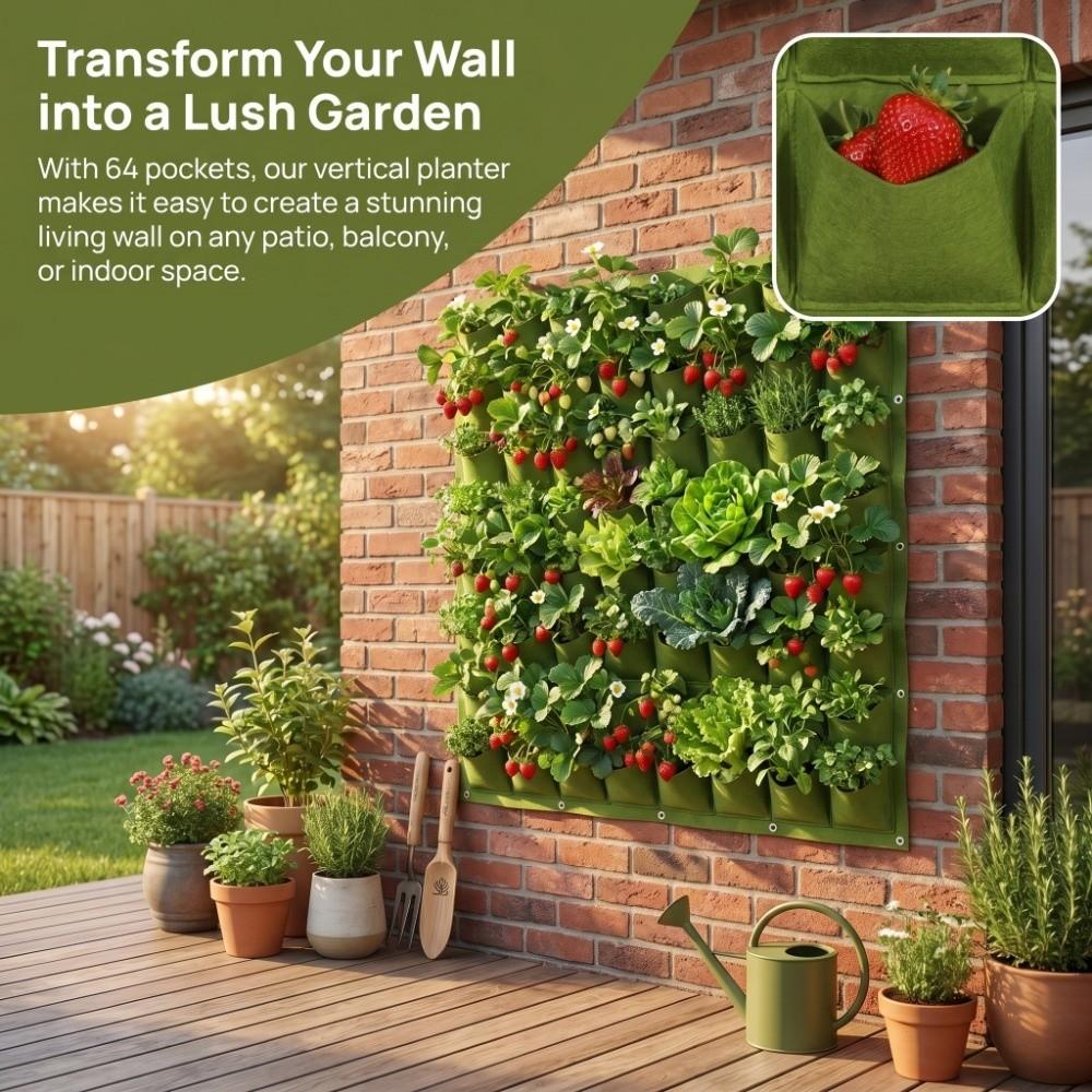 64 Pockets Plant Bag 100*100cm Grow Bag Durable Wall Plant Bags Flower and Vegetable Planting