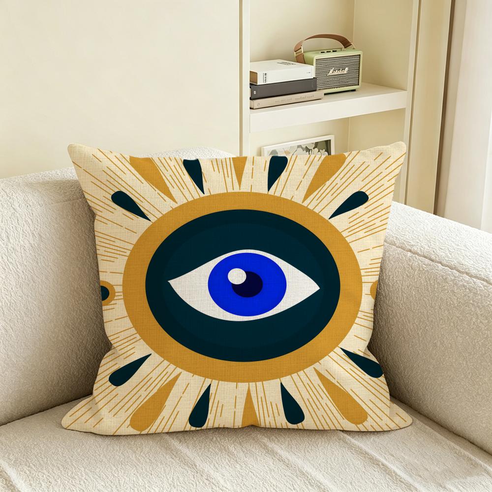 L-Lucky Evil Eye Cushion Cover Natural Linen Pillowcase Set, All-In-One Decor For Sofa, Bedroom & Chair