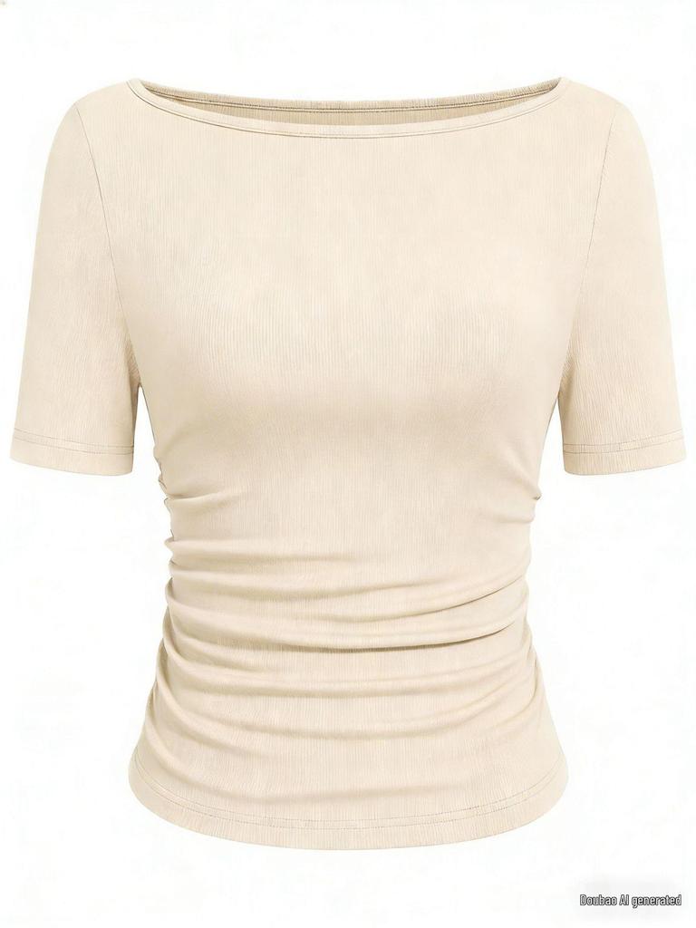 2025 Осень Приталенный женский топ с вырезом лодочкой, рукавами-колокольчиками и сборками - Однотонный, с длинным рукавом