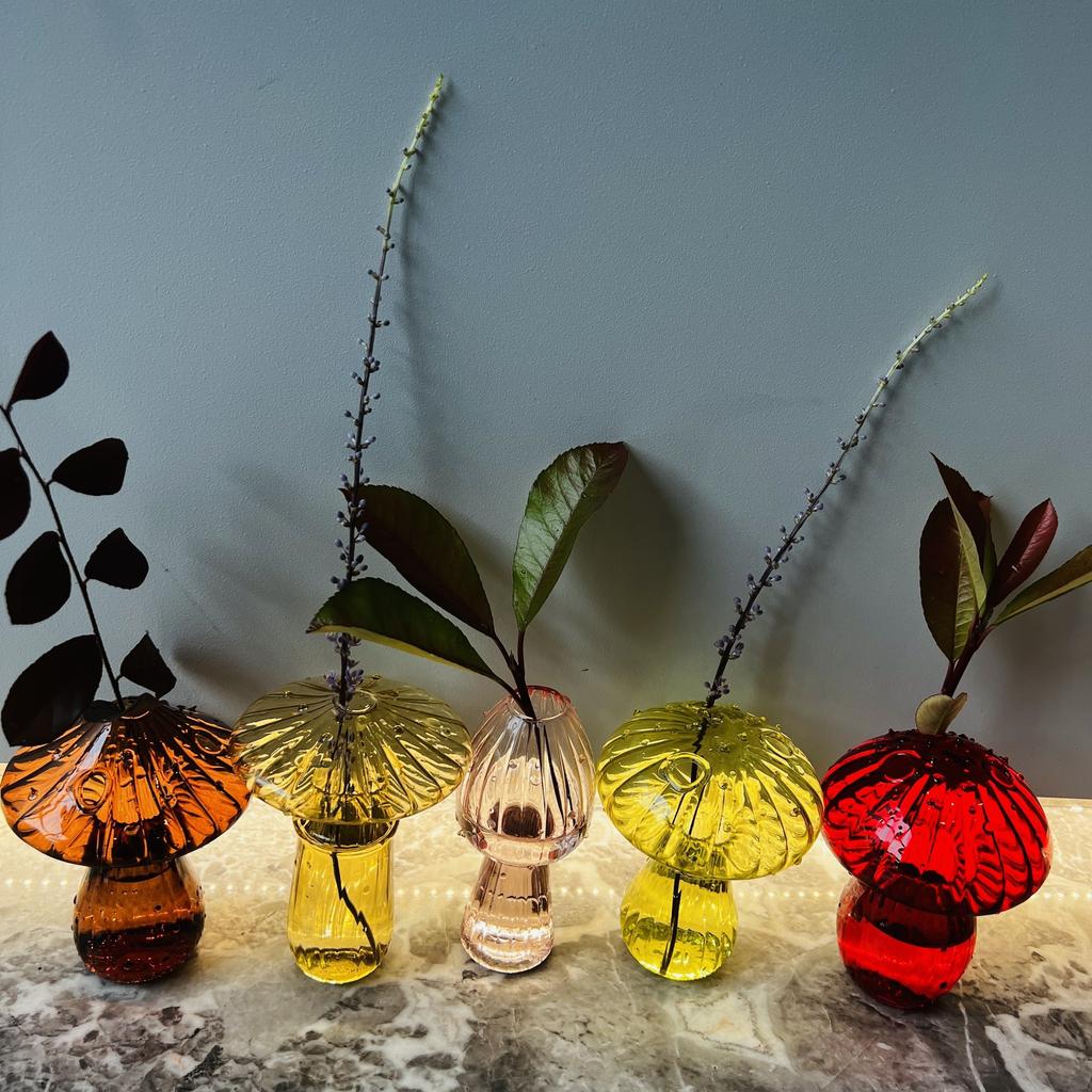 Glass Colorful Mushroom Vase Nordic Style Indoor Home Decoration Hydroponic Flower Arrangement Ornament Desktop Home Decor