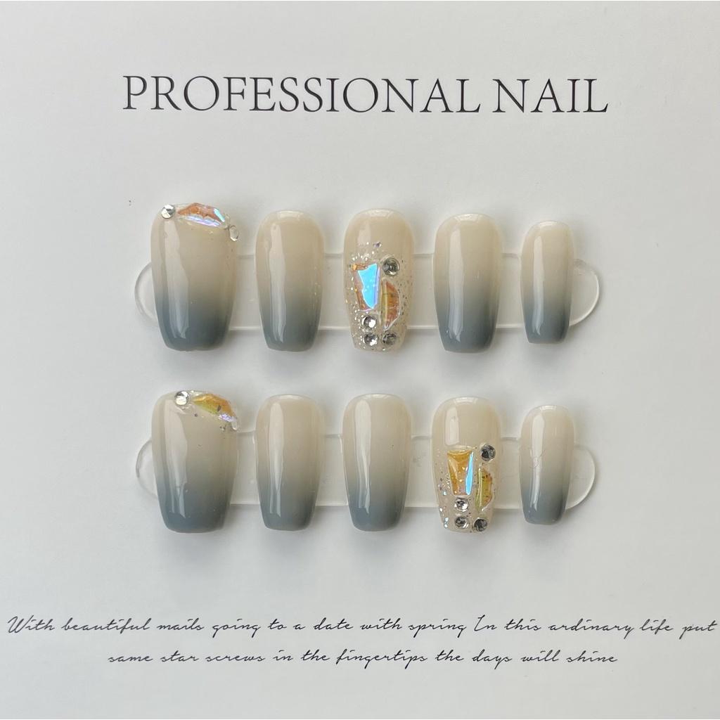 Искусственные ногти ручной работы, дымка, синий, телесный цвет, градиент, стразы, тонкие блестящие ногти для фототерапии, многоразовые и съемные ногти
