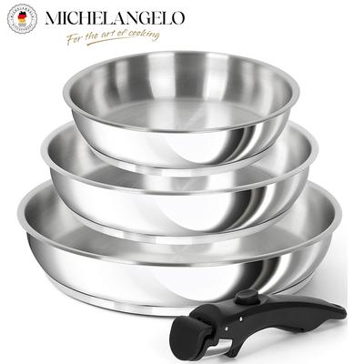 Набор сковород из нержавеющей стали MICHELANGELO 8", 9,5" и 11" Кухонные сковороды для приготовления пищи со съемной ручкой, совместимые с индукцией