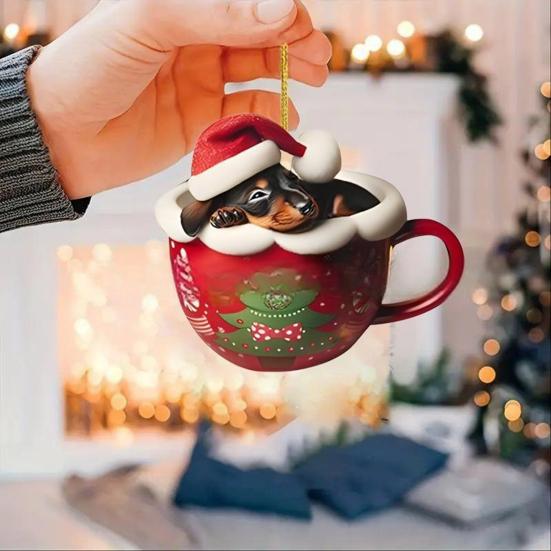 Рождественское украшение такса Щенок в кружке Украшение на рождественскую елку 2D акрил Такса Подвесной декор Подарки для любителей собак