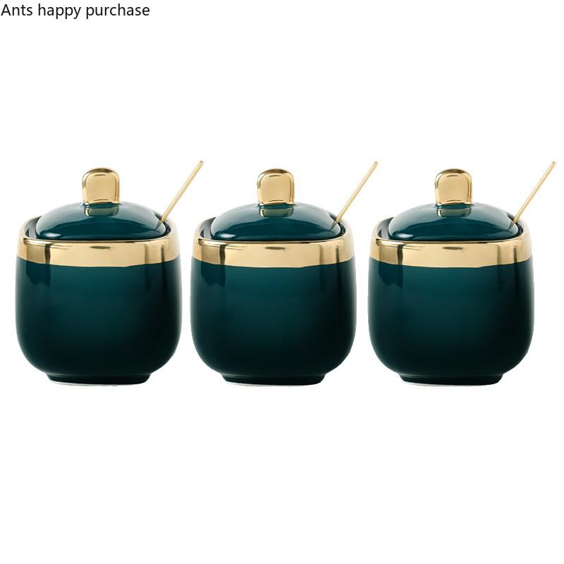 Зеленая керамическая сахарница с соленой банкой глутамата натрия, емкость для приправ, домашнее хранение, три упаковки, бытовая с крышкой-ложкой, ящик для хранения специй