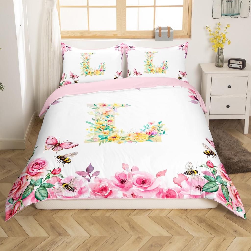 Initial Letter A Duvet Cover for Boys Girls Floral Monogrammed Bedding Set Romantic Rose Alphabet Quilt Cover with 2 Pillow Case