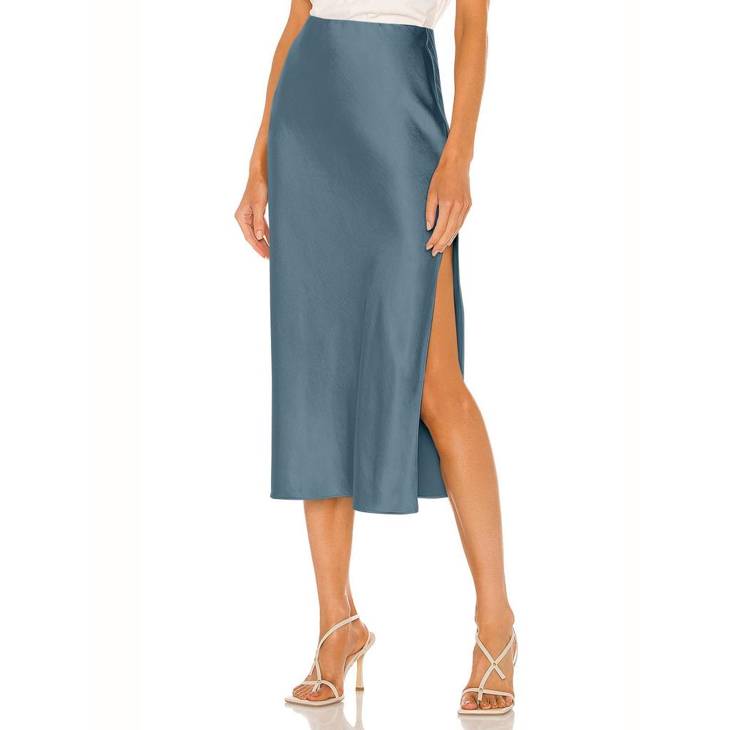 Women's High-Quality Satin Half Skirt With Elastic High Waist Solid Color Split Mid Length Skirt